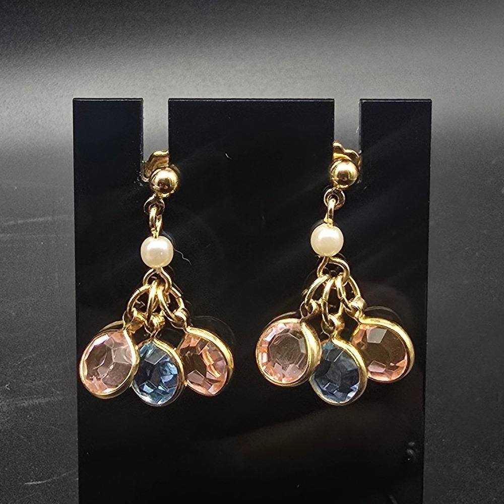 Avon 1991 Pastel Hues Earrings Pink Blue Gold Tone Dangle Drop Pierced